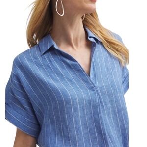 Chico's Linen Popover Blouse Sz 12 Blue White Striped Nautical Beachy Lagen EUC